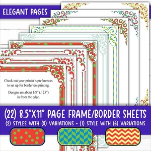 May include: Set of 22 printable 8.5 x 11 inch page frame or border sheets. The frames feature a variety of ornate designs in red, green, and white. The designs include polka dots, chevron patterns, and swirls.