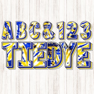TieDye Alfabeto PNG, letras de sombra azul blanco y amarillo oro, sublimación de número minúscula mayúscula, verano, espíritu escolar, vaso