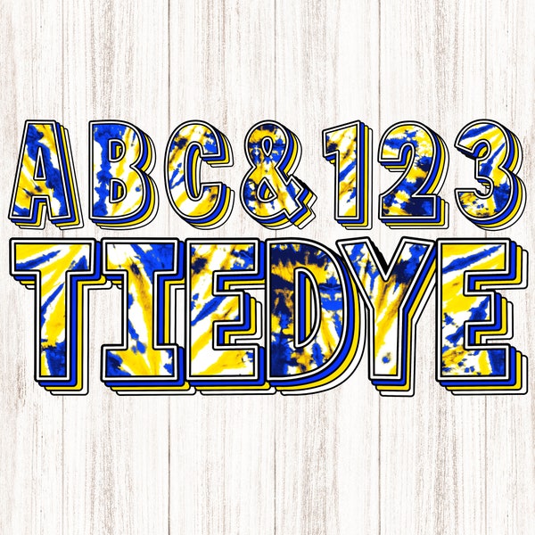 TieDye Alphabet PNG, Blue White & Yellow Gold Shadow Letters, Uppercase Lowercase Number Sublimation, Summer, School Spirit, Tumbler