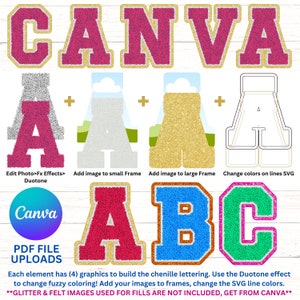 Digitale CHENILLE Alpha PDF's, Faux Chenille Applique Patch Letters & cijfers, Varsity, Athletic, College, PDF Canva Frame Fill Set, Duotone