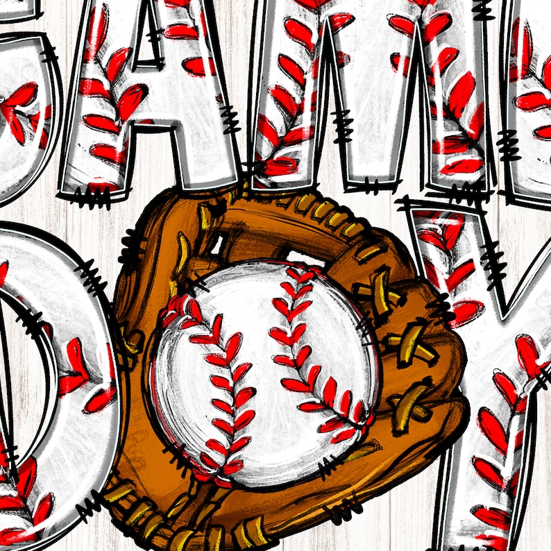 K&ouml;nnte beinhalten: Ein wei&szlig;er Baseball mit roten N&auml;hten befindet sich in einem braunen Leder-Baseballhandschuh. Der Handschuh ist ge&ouml;ffnet und der Ball liegt in der Handfl&auml;che. Der Hintergrund ist ein wei&szlig;es Holzmaserungsmuster mit dem Wort "GAME DAY" in wei&szlig;en Buchstaben mit roten N&auml;hten.