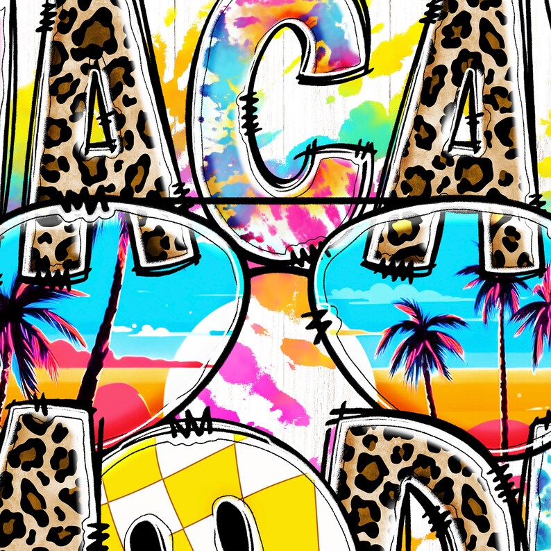 May include: A colorful graphic design with the word "VACATION" written in bold black letters. The letters are decorated with a leopard print pattern and a tie-dye effect. The background features a blue sky, palm trees, and a sunset.