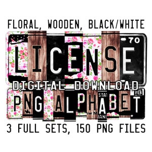 Digital Download | License Plate Alphabet Bundle | Floral, Wood, Black n White | PNG Graphic Letters & Numbers | Clipart Sublimation Sets
