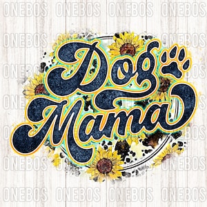 DOG MAMA PNG con pata, estampado de girasol de vaca / textura de acuarela retro de moda / Diseño de sublimación de círculo grunge fresco / Transferencia imprimible
