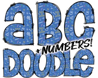 Digital Download | Doodle Back to School Teacher Blue Pattern Fill | PNG Clipart Bundle Alphabet Pack | Letters and Numbers