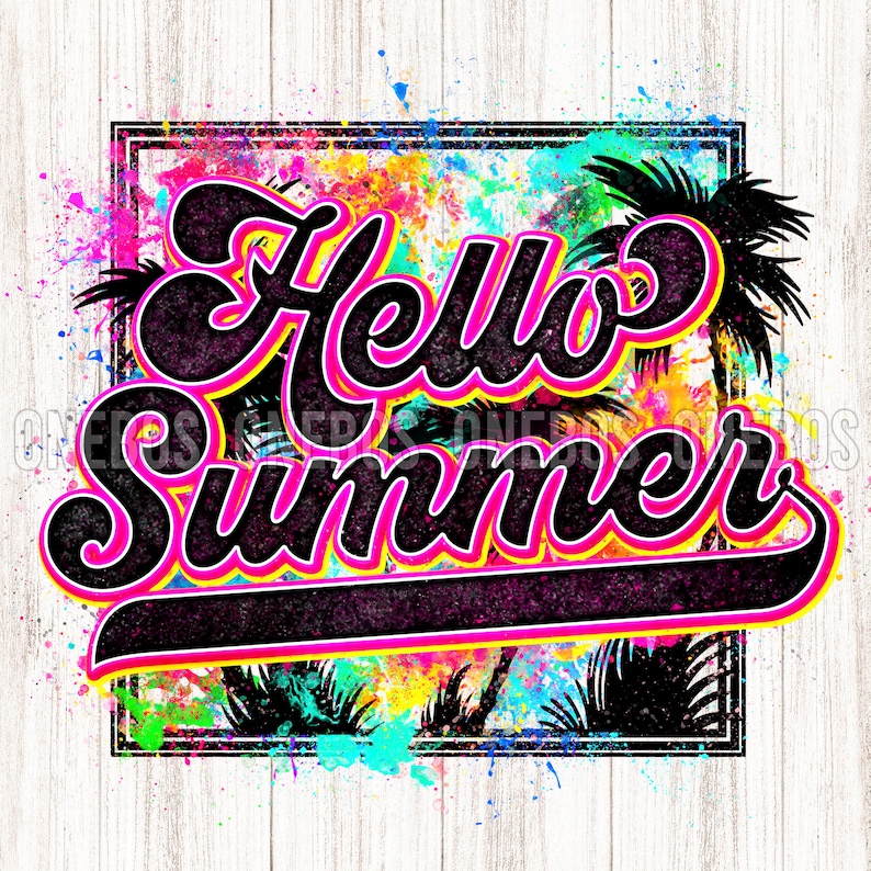 Peut inclure: Un design graphique color&eacute; avec une silhouette noire et blanche de palmiers et le texte "Hello Summer" dans une police noire audacieuse avec des contours roses et jaunes.