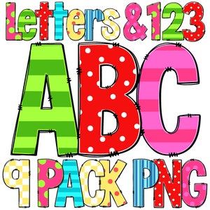 May include: Colorful alphabet letters A, B, and C with different patterns, including stripes, polka dots, and checkered designs. The letters are outlined in black and have a stitched look. The text "Letters & 123" is at the top of the image, and the text "9 Pack PNG" is at the bottom.