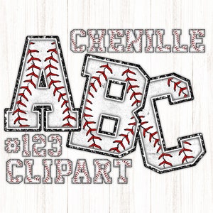 Alfabeto de chenilla de béisbol digital con patrón de puntada, sublimación PNG Clipart, letras y números alfa, activo, universitario, escuela