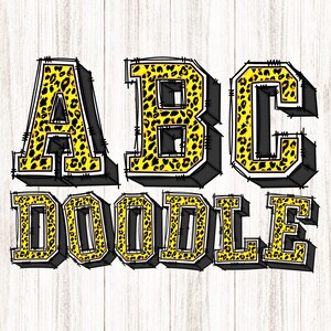 Könnte beinhalten: ABC Doodle in gelbem und schwarzem Leopardenmuster mit weißem Umriss. Die Buchstaben sind in einer fetten, klobigen Schrift.