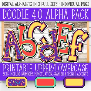 Conjunto de números do alfabeto para placas - Doodle 4.0 | +Francês e Espanhol | Paredes/Porta do Professor | Lápis de cor, roxo, amarelo, rosa, azul-petróleo AL55BOD4-A179