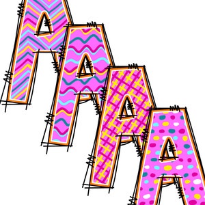 Alphabet Bundle für Ostern, 4 Sets gefüllte Doodle Buchstaben & Zahlen, Leuchtende Farbgrafik zum Drucken, Sublimation, Chevron Dots Wavy Lines
