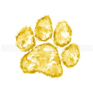 May include: A golden yellow paw print with a textured, brushstroke effect.