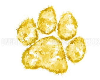 May include: A golden yellow paw print with a textured, brushstroke effect.