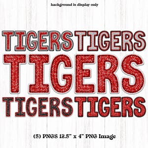 5 Tigres Mascote PNGs, Vermelho Branco e Preto, Faux Bordado Tigres Design, Download Digital, Letras De Lantejoulas Falsas, Transferências De Camisas Coloridas