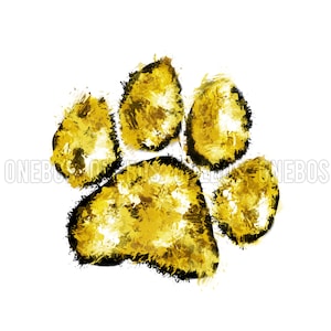 May include: A gold paw print with a black outline, painted in a splatter style.