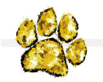 May include: A gold paw print with a black outline, painted in a splatter style.