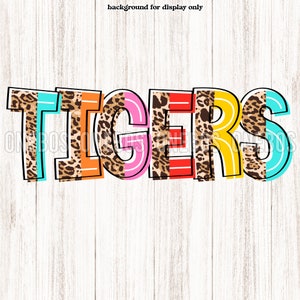 Coloridos tigres leopardo divididos PNG, transparente, lindo diseño de carta de mascota para niños, sublimación del espíritu escolar, transferencia de imágenes prediseñadas imprimibles