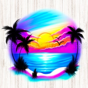 Airbrush Beach Scene PNG, Procreate Art, Beach Background, Digital Download File, Tropical Sunrise Sunset with Palm Trees and ocean, Print