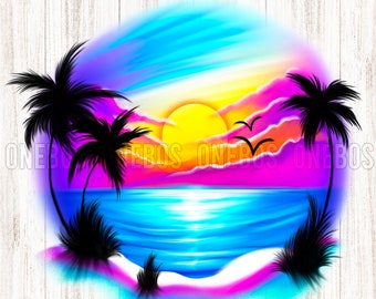 Airbrush Beach Scene PNG, Arte Procreata, Sfondo spiaggia, File di download digitale, Tramonto all'alba tropicale con palme e oceano, Stampa
