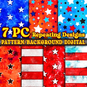 Stars n Stripes Digital Paper Pattern / Patriotic Background PNGs / Background Clipart Bundle / Red White Blue / Watercolor Cute / Repeating