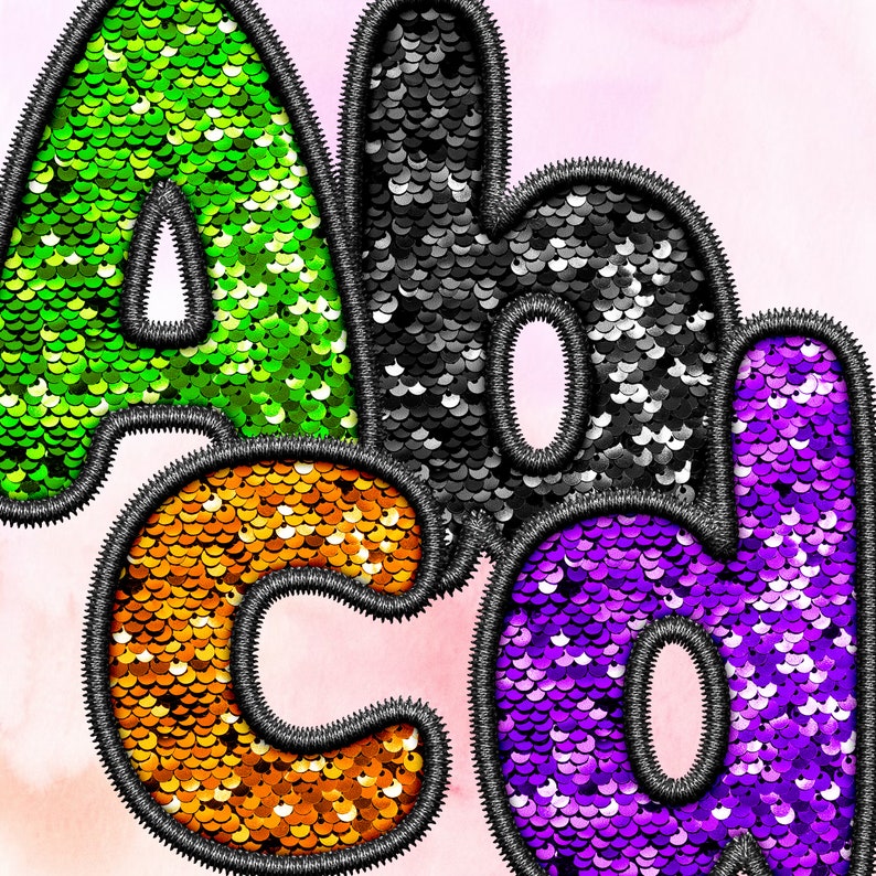 May include: A close-up of the letters "A, b, c, d" made of colorful sequins. The letters are outlined in black thread and are arranged in a staggered pattern.