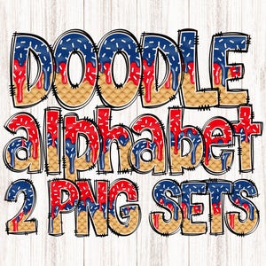 May include: A digital graphic featuring the words "DOODLE ALPHABET 2 PNG SETS" in a playful, colorful design. The letters have a waffle-like texture, with red and blue dripping accents, and a black outline. The background is a white wood grain.