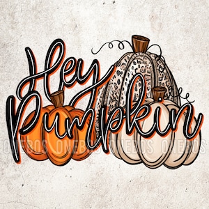 Puede incluir: Una ilustración digital de tres calabazas con el texto "Hey Pumpkin" en letras cursivas negras. Las calabazas son naranja, beige y marrón con un estampado de leopardo.