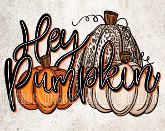 Hey Pumpkin PNG, Clipart for Fall, Thanksgiving, Hand Drawn Line Font with Black & Orange, Doodle Pumpkin, Trio, Beige Orange Leopard, Print