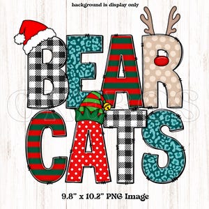 Bearcats Christmas Doodle PNG-bundel, digitale download, sublimatie, kerstmuts, rendier, plaid, luipaardprint, strepen, aangepaste mascotte