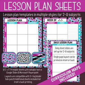 May include: Printable lesson plan templates in multiple styles for 2-8 subjects. The templates feature a colorful geometric pattern with pink, blue, and purple accents. The text "LESSON PLAN" is displayed on the top of the page. The templates are 8.5 x 11 inches and are compatible with 3-ring binders.