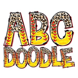 Letras de softball PNG com preenchimento de padrão de fundo de costura de leopardo e bola, fonte de alfabeto de clipart de tema esportivo para download digital