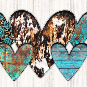 May include: Five rustic hearts with different patterns and textures. The hearts are arranged in a row, with the largest heart in the center. The hearts are made of wood, metal, and fabric. The colors are brown, white, black, and turquoise.