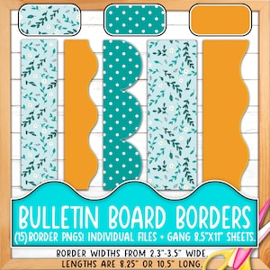 Bordüren für Pinnwände | Druck & Schnitt, Nahtlos | Klassenzimmer Board Tür Dekor | Frühling Floral, Gelb, Petrol, Polka Dots, Blatt BO55BO-A200