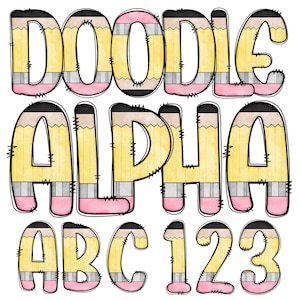 New Pencil Doodle Alphabet PNG | Hand Drawn Uppercase Letters & Numbers | School Supplies Lettering | Basic Canva Style Doodle V5 | Clipart