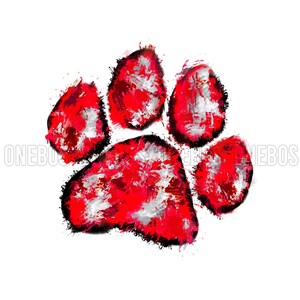 May include: Red and white abstract paw print with a black outline. The paw print is painted in a splatter style.