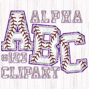 Pode incluir: Clipart com tema de beisebol com as letras A, B e C, juntamente com a palavra ALPHA, os números 123 e a palavra CLIPART. As letras e os números são projetados com um padrão de costura de beisebol e delineados em glitter roxo.