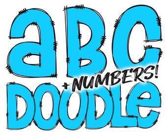 Digital Download | Doodle Pastel Blue Fill | PNG Clipart Bundle Alphabet Pack | Letters and Numbers