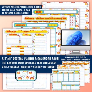 Pode incluir: Um conjunto de 15 páginas de planejador imprimíveis com um tema de arco-íris, nuvens e gotas de chuva. As páginas incluem layouts diários, semanais, mensais, anuais e de folhas de notas. As páginas medem 21,6 cm por 27,9 cm e são compatíveis com pastas de 3 argolas. O texto das páginas é editável.