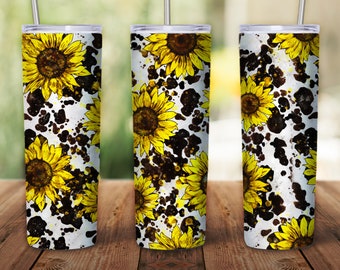 Zonnebloem Tumbler Wrap PNG, Skinny Tumbler Wrap met rechte en taps toelopende PNG&#39;s, Zonnebloem Koe Print Aquarel textuur, naadloze rand tot rand