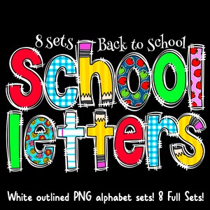 Op de afbeelding: Acht sets met kleurrijke, omlijnde alfabetletters met verschillende patronen, waaronder ruitjes, strepen en bloemenpatronen. De letters spellen "School Letters" en "Back to School" uit.