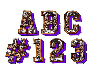Digital Doodle | Athletic Varsity Sports College School Letters - Orange Purple Leopard 3D | PNG | Hand Drawn Alphabet Clipart Bundle No.7b