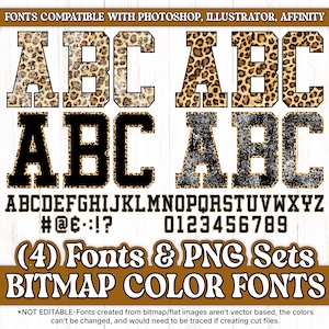 May include: A set of leopard print alphabet letters and numbers in a bold, black outline. The letters and numbers are in a vintage, distressed style. The text "FONTS COMPATIBLE WITH PHOTOSHOP, ILLUSTRATOR, AFFINITY" is at the top of the image. The text "(4) Fonts & PNG Sets BITMAP COLOR FONTS" is in the center of the image. The text "*NOT EDITABLE-Fonts created from bitmap/flat images aren't vector based, the colors can't be changed, and would need to be traced if creating cut files." is at the bottom of the image.