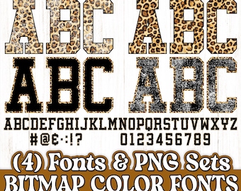 May include: A set of leopard print alphabet letters and numbers in a bold, black outline. The letters and numbers are in a vintage, distressed style. The text "FONTS COMPATIBLE WITH PHOTOSHOP, ILLUSTRATOR, AFFINITY" is at the top of the image. The text "(4) Fonts & PNG Sets BITMAP COLOR FONTS" is in the center of the image. The text "*NOT EDITABLE-Fonts created from bitmap/flat images aren't vector based, the colors can't be changed, and would need to be traced if creating cut files." is at the bottom of the image.