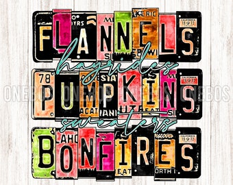 Aquarelle Plaque d’immatriculation Chute PNG, Flanelles Hayrides Citrouilles Pulls Feux de joie, Rustic Distress Texture Stacked Word Design Sublimation