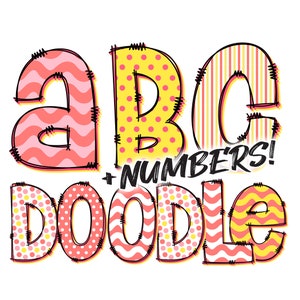 Doodle Clipart, Valentine's Polka Dots and Stripes, Squiggle Pattern Fills, Doodle Digital Alphabet, Modern Girls Pink Yellow for Printing