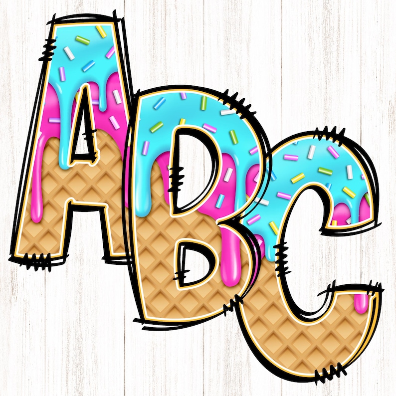 May include: ABC letters made of waffle cone ice cream with blue and pink frosting and sprinkles.