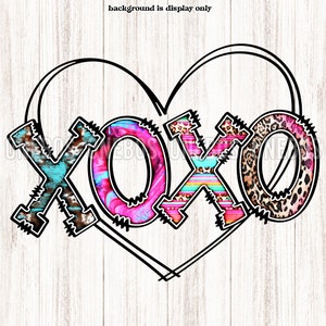 XOXO Doodle Heart PNG, Clipart de la Saint-Valentin avec dessin au trait cardiaque et lettres griffonnées, Imprimé vache animale, Sarcelle, Serape rose, Teinture léopard