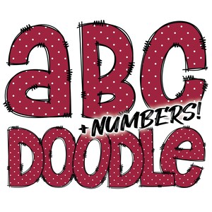 Op de afbeelding: Rode en witte stippenletters die "ABC + NUMBERS! DOODLE" spellen in een handgetekende stijl.
