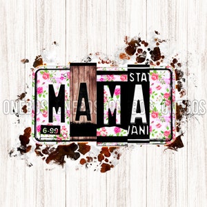 MAMA Png | Lizenzbuchstaben Word Art mit Rindsleder Muster Hintergrund Patch | Rustikale, Bauernhof Clipart mit Holz und Floral fill | Sublimation Png