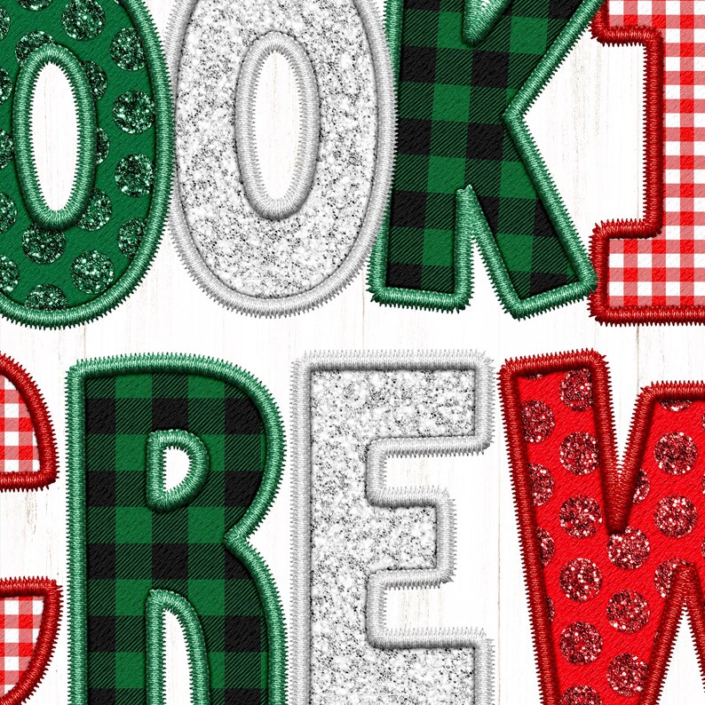 May include: The word "COOK" is spelled out in green, white, and black fabric letters. The word "CREW" is spelled out in green, white, and red fabric letters. The letters are decorated with plaid, polka dots, and glitter.